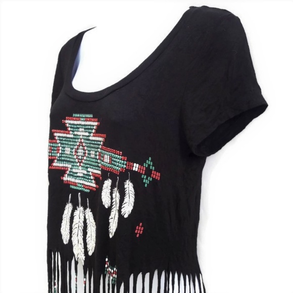 Vintage Occasion Tee Crop Soft Fringe Tribal Bedazzle Embellished Short Sleeves - Picture 2 of 5